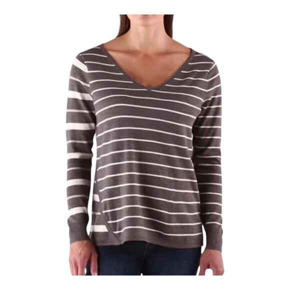 Smartwool Split Stripe Merino Wool Blend V-neck Sweater in Taupe Women's M - Picture 1 of 7
